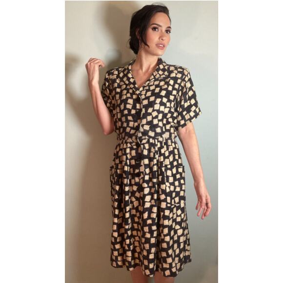 Yves Saint Laurent Rive Gauche Vintage 70s/80s Linen Print Dress Sz 44 - Picture 2 of 8